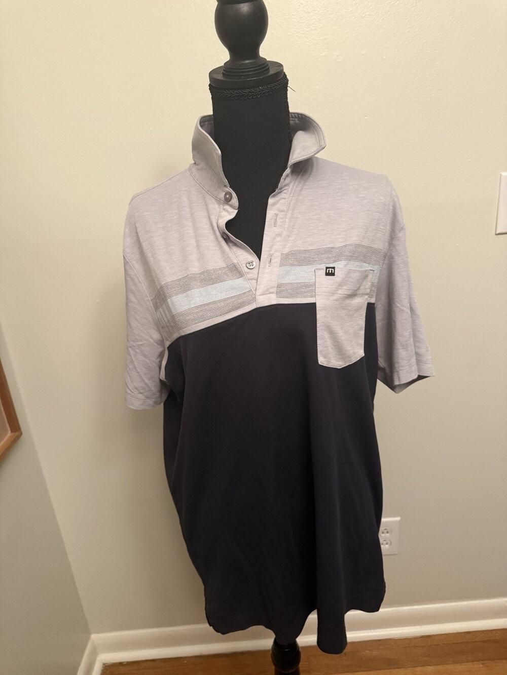Travis Matthew Performance Golf Polo Colorblock Gray Black Blue Men’s LG